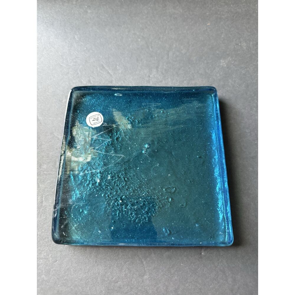 Handblown Glass Tile Aqua Square Candle Holder Art Glass Boho Handcrafted Mexico